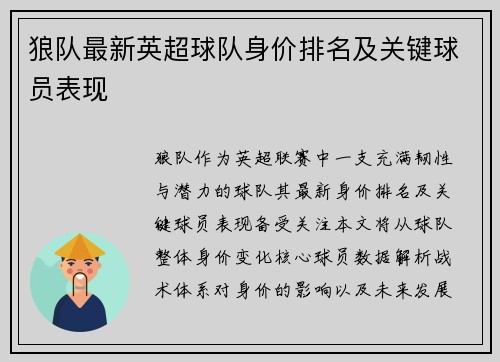 狼队最新英超球队身价排名及关键球员表现