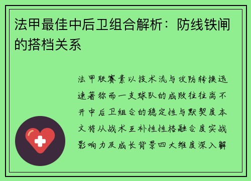 法甲最佳中后卫组合解析：防线铁闸的搭档关系